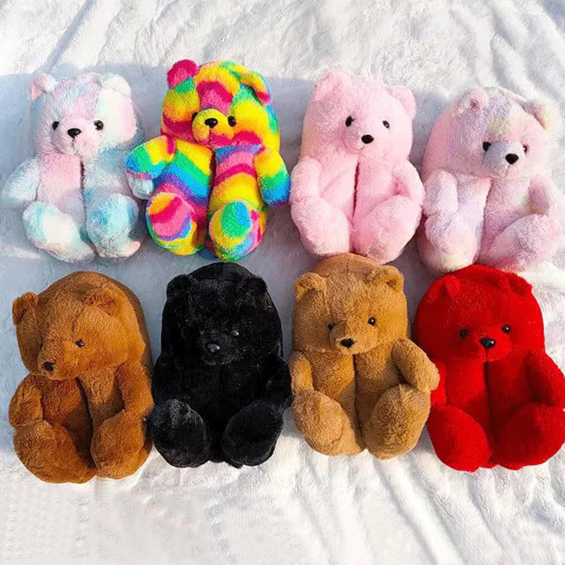 

2021 Vendor indoor flat fur women's slippers wholesale plush new style slippers house teddy bear slippers for women girls kids, Red pink black rainbow brown