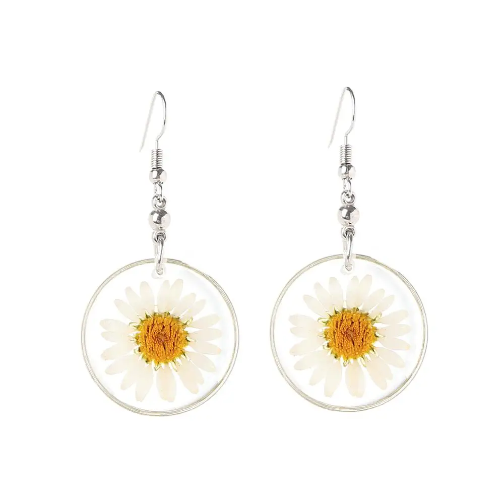 

Epoxy resin dried flower crystal chrysanthemum female jewelry metal striped real flower earrings, Yellow, blue