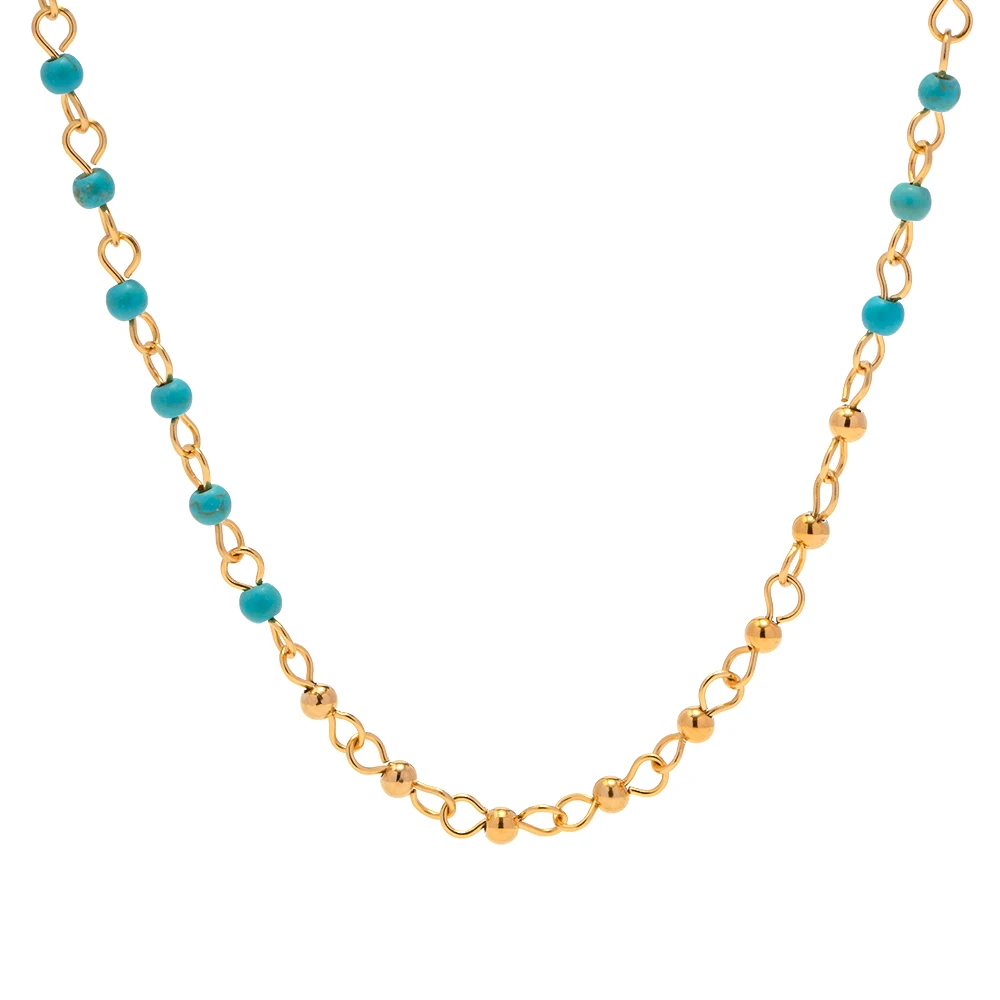 

Bohemia Jewelry 18K Gold Plated Bead Oval Chain Blue Turquoise Stone Beads Necklace for Girls