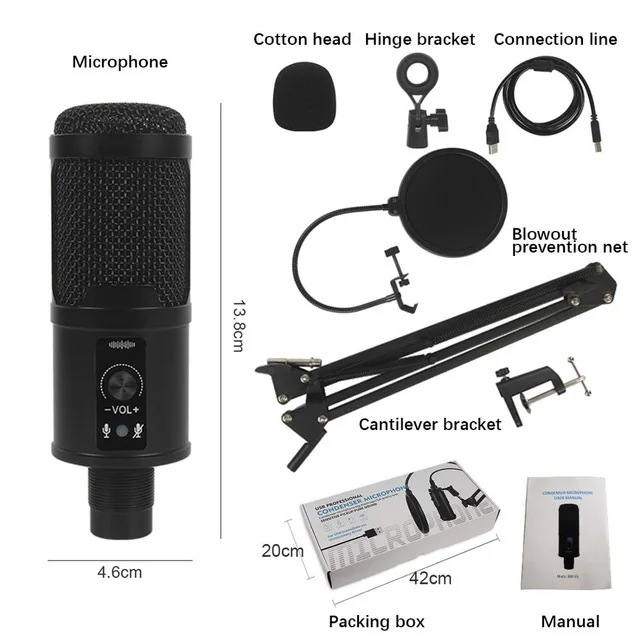 

SUM-65A Wholesale Price USB Condenser Microphone for PC Professional Condenser Studio Equipmen, Black