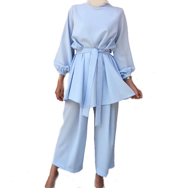 

Ethnic Muslim Long Sleeve Blouse And Wid Leg Pants Set Plus Size Women Clothing