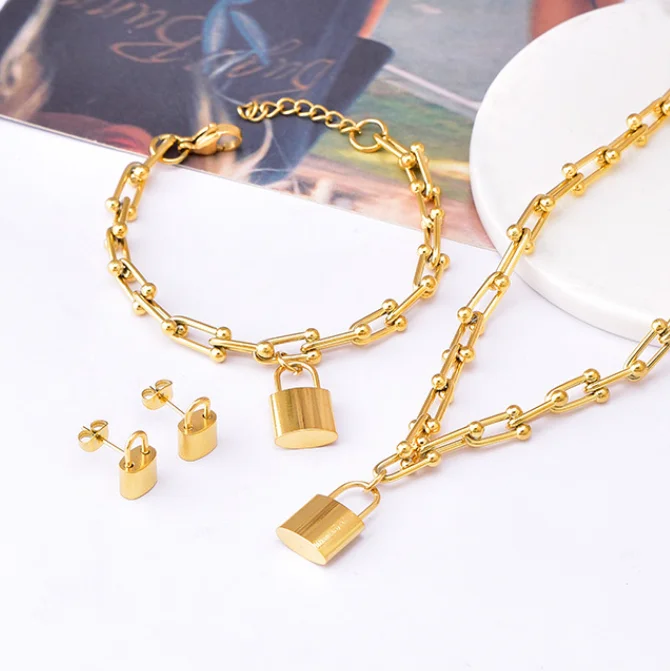 

Fashion U-shaped chain lock pendant stainless steel earrings bracelet necklace set for women jewelry