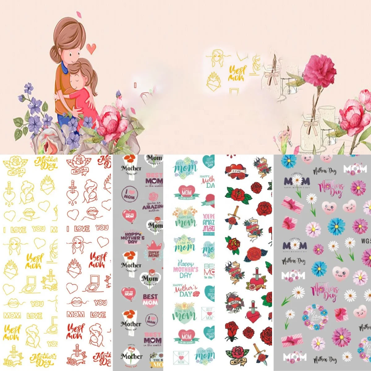 

Paso Sico WG Series WG582-587 Mother's Day Family Love Flower Nail Art Stickers Wraps for Mom Childen Anniversary Manicure