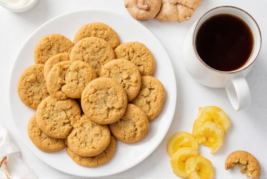 Trader Joe's ginger snap cookies arranged in a decorative pattern beside a cup of coffee and fresh ginger root
