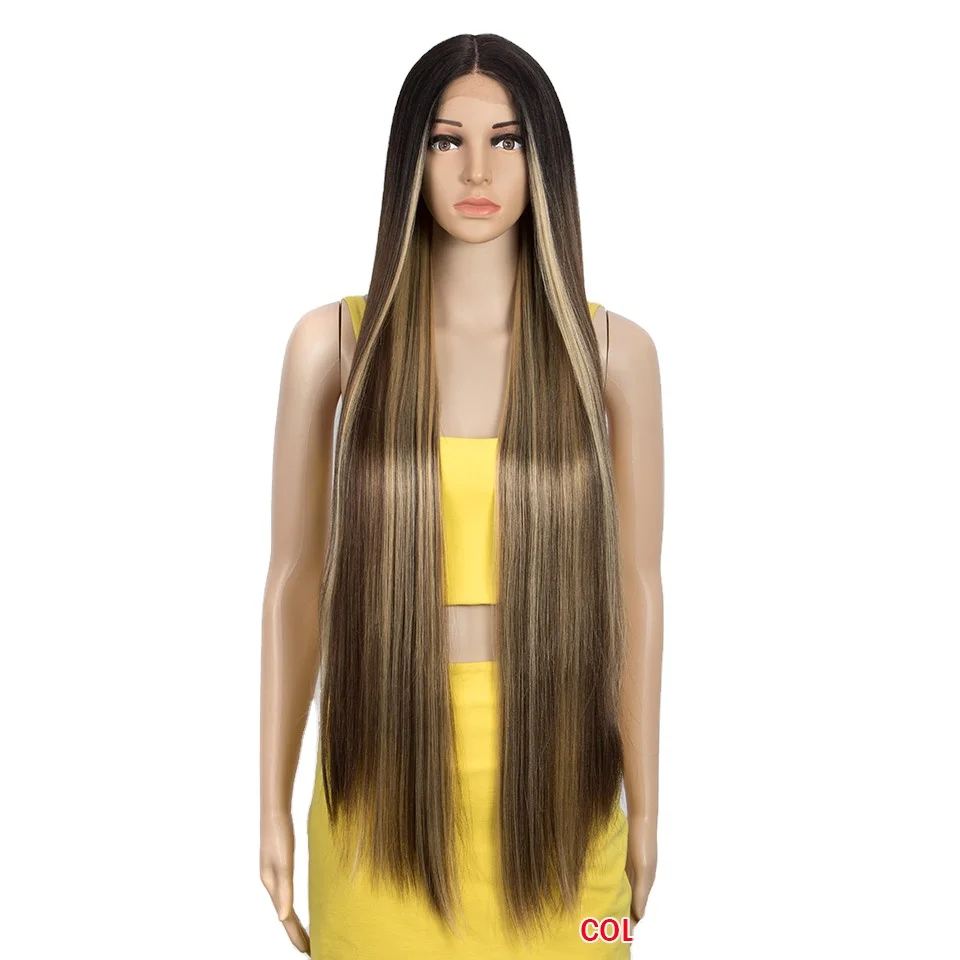 

Hot Selling Straight Wave HD Transparent Synthetic Lace Front Hair 38 Inch Ombre Lace Front Wig Cosplay Blonde Lace Front Wig, Pic showed