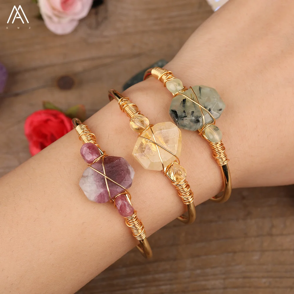 

Gold Silver Rose Gold Plated Wire Wrapped Bangle Natural Citrine Quartz Crystal Stone Nugget Beads Bracelets Bangle, As picture