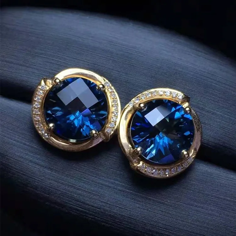 

hot sale beautiful charming gemstone jewelry with diamond 18k gold 5.45ct natural blue topaz stud earring women