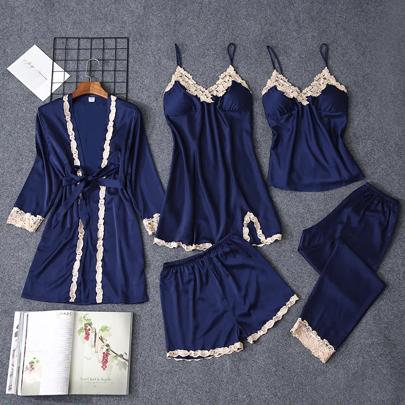 

HSZ JS01 Five-piece pajamas underwear sets girl comfortable silk sleepwear Satin nightwear ladies home night dress for women