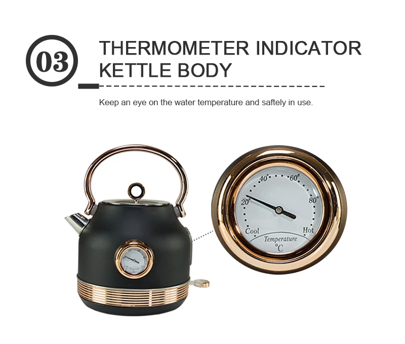 2020 New design retro rose gold and black color big capacity 1.7L electric water kettle home appliances with thermometer kettle