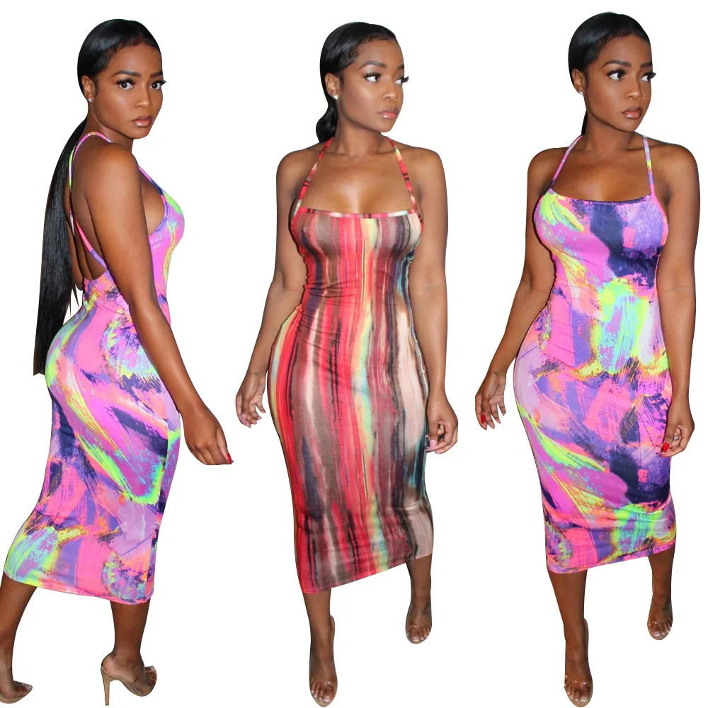 

2021 wholesale summer new women fashion elegant spaghetti dress women tie dye maxi dress