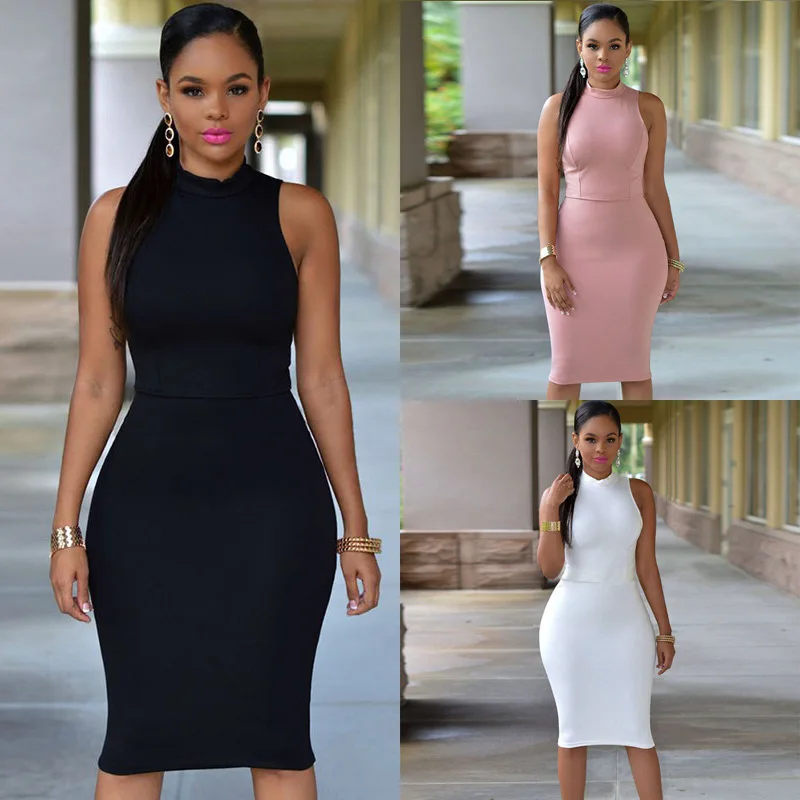 

F50260A Womens fashion sexy sleeveless backless slim pencil dress for office lady, White / pink /black