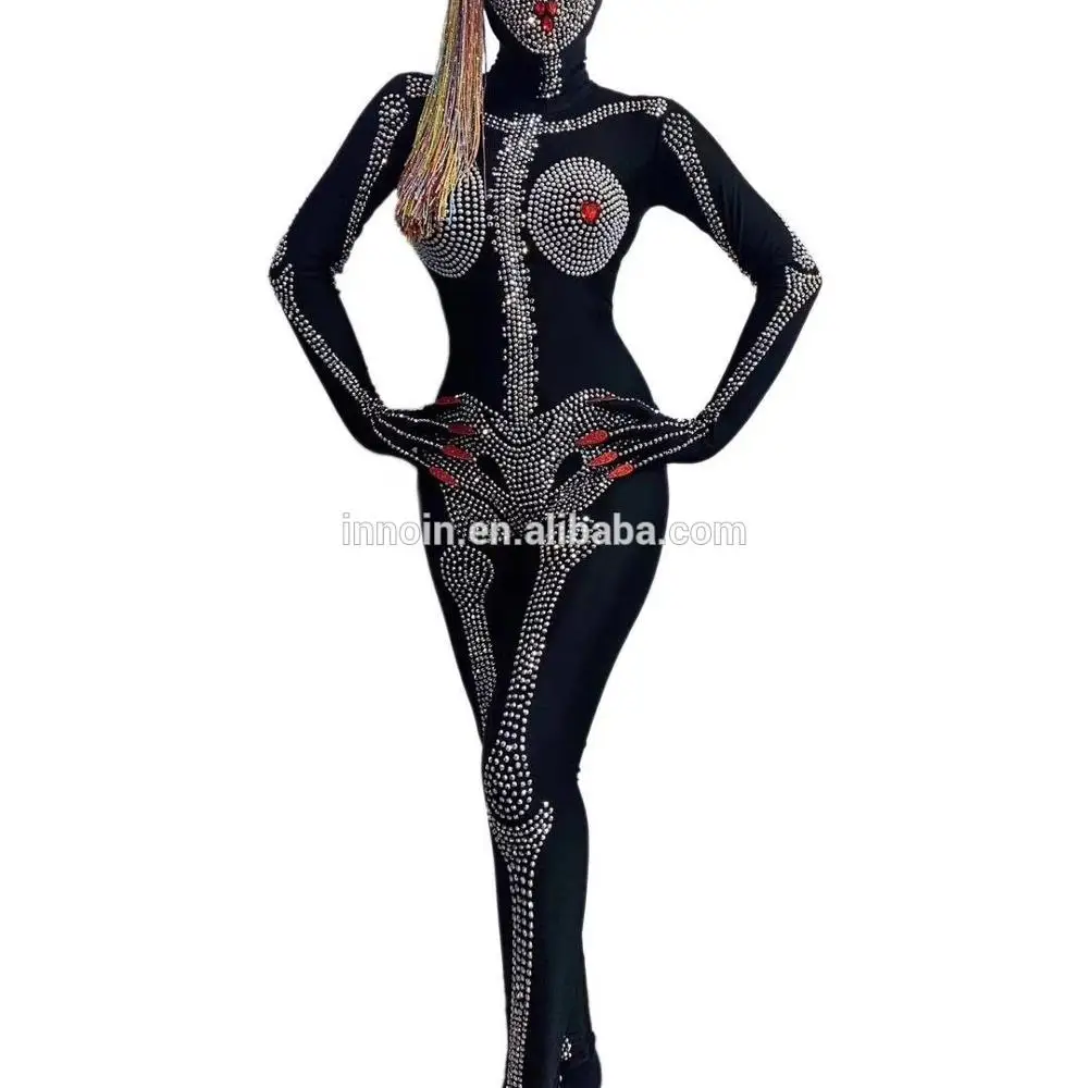 

Sexy Dj Nightclub. Bar Stage Wear Rhinestones Black Jumpsuit Headwear Dance Outfit Rave Party Halloween Costume Cosplay