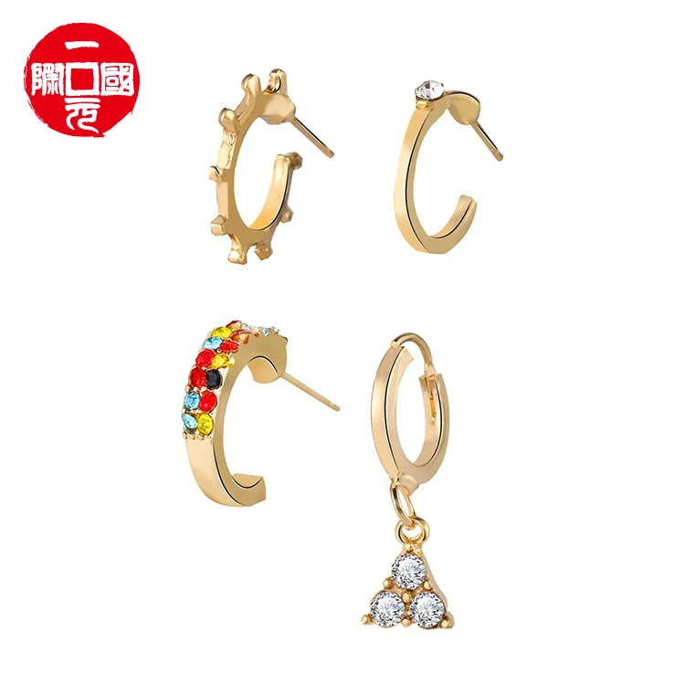 

One dollar Trendy Retro Color Diamond Triangle Stud Earring Set 4pcs