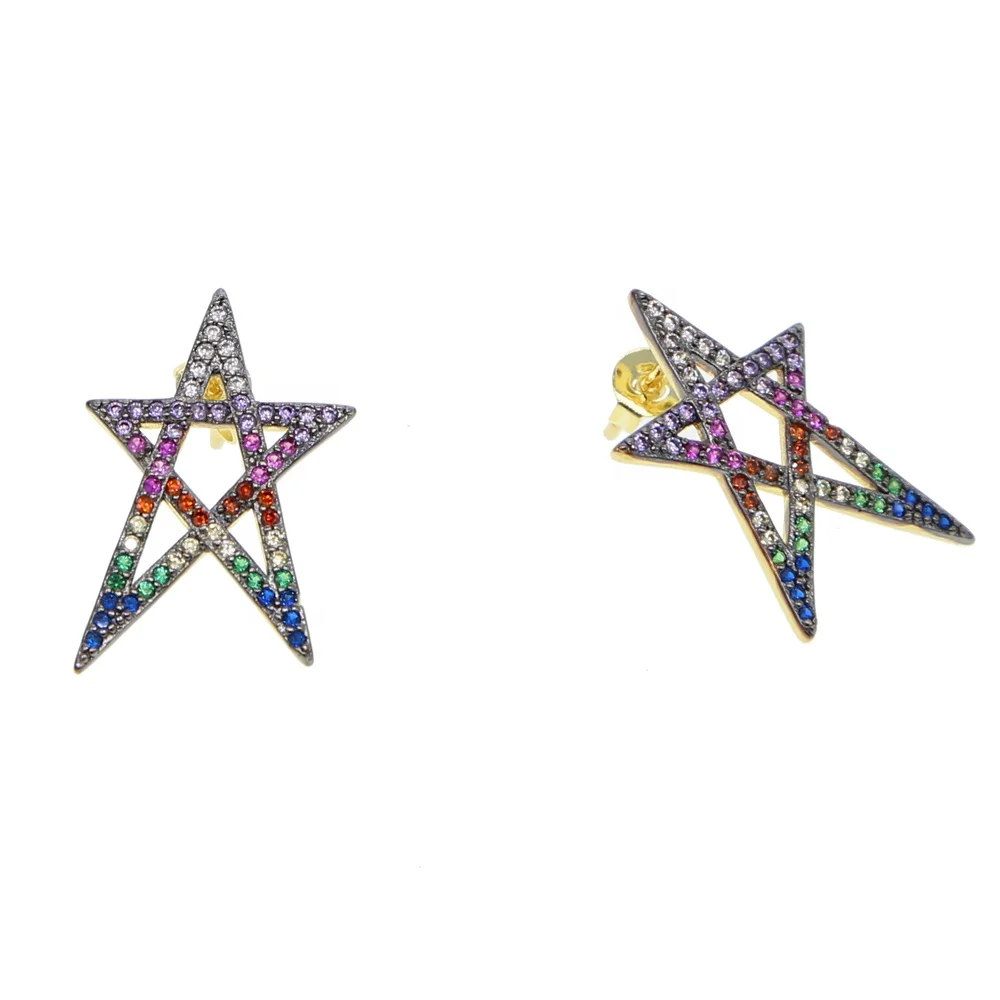 

Hollow star outline paved multi colorful cubic zirconia Gold color earrings for girl women Star of David earring