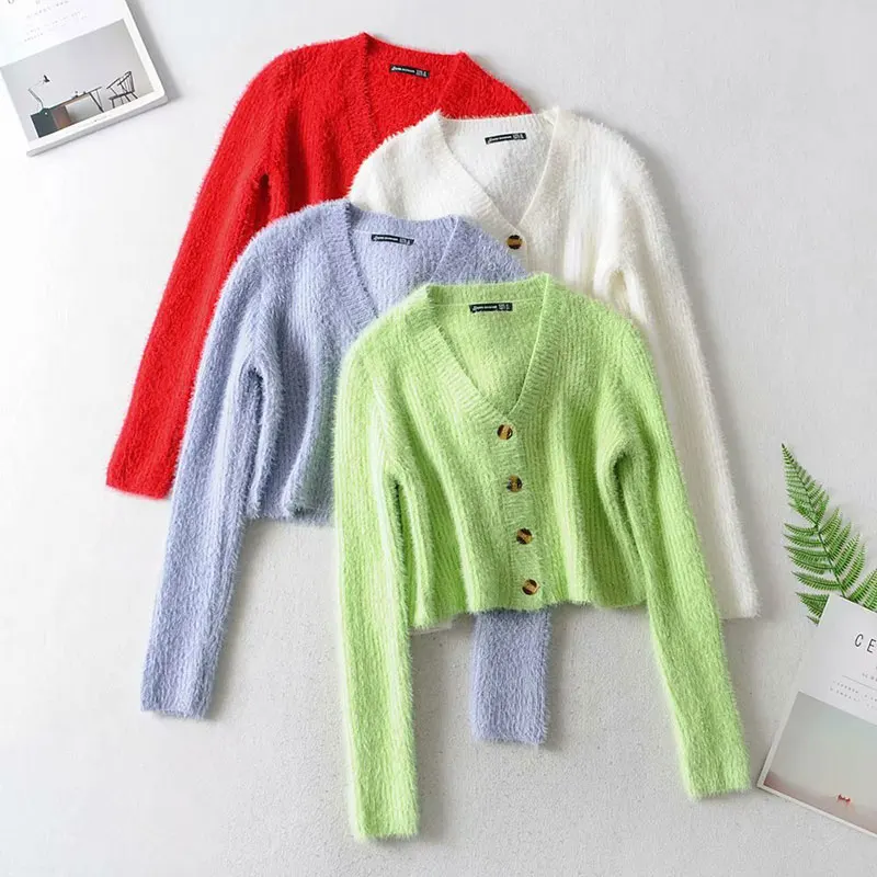 

2020 Fashion Casual Candy Solid Color Button Long Sleeve Crop Top Sweaters Cardigan For Women, 4 colors