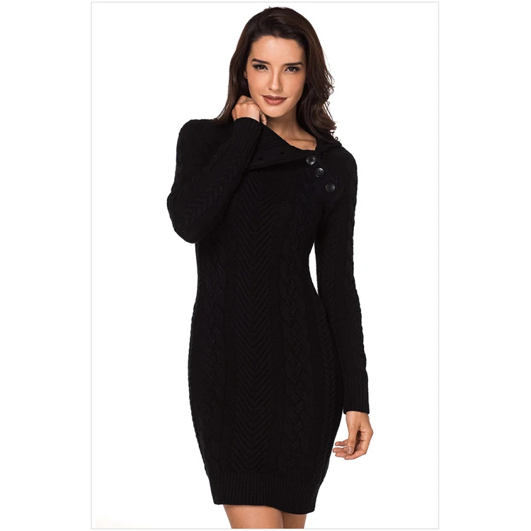 

Winter Asymmetric Turtleneck pullover dress sweet Preppy Buttoned Above Knee Midi sweater dress