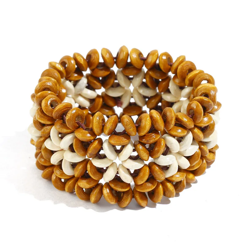 

Genya Bohemian Vintage Color Wood Bead Bracelet Handmade Multi layer Hollow Wood Bead Bracelet, As picture