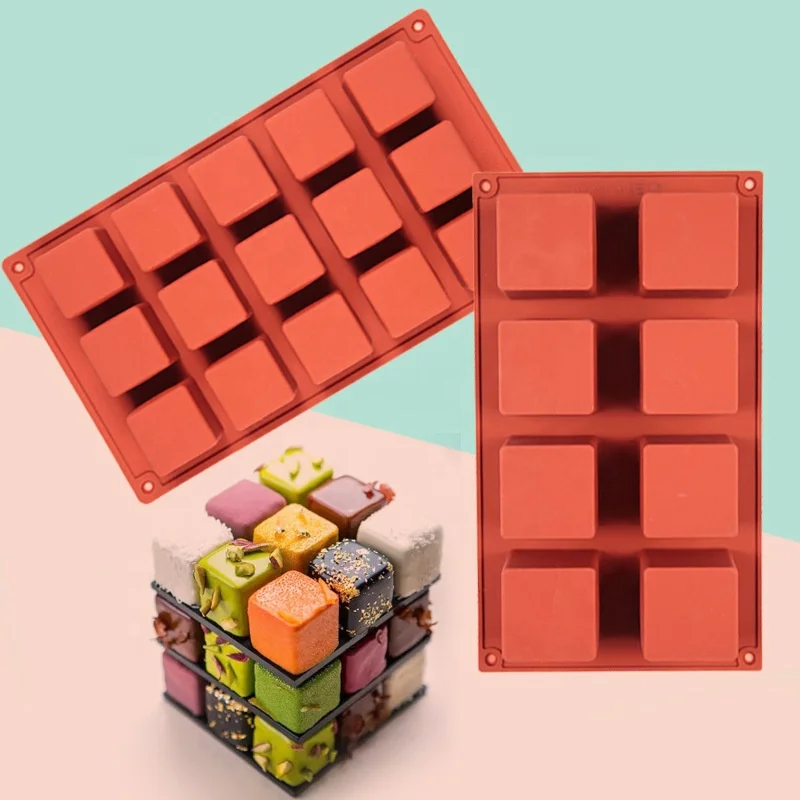 

Wholesale 8/15 Cavity Square Shape Soap Mousse Cake Dessert Silicone Mold Rubik's Cube Chocolate Cheese Mold, Red, customizable