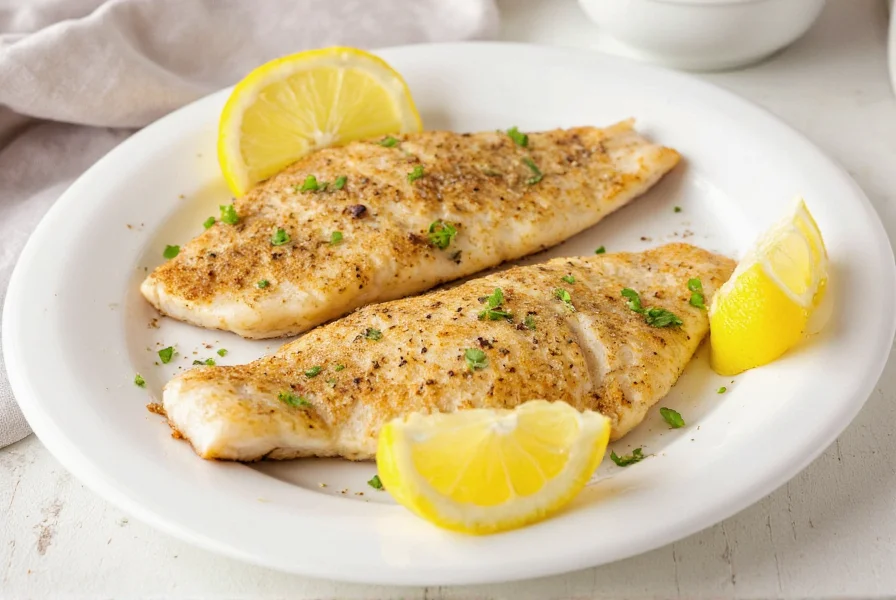 Perfectly cooked lemon pepper tilapia fillets with lemon slices and fresh herbs on white plate