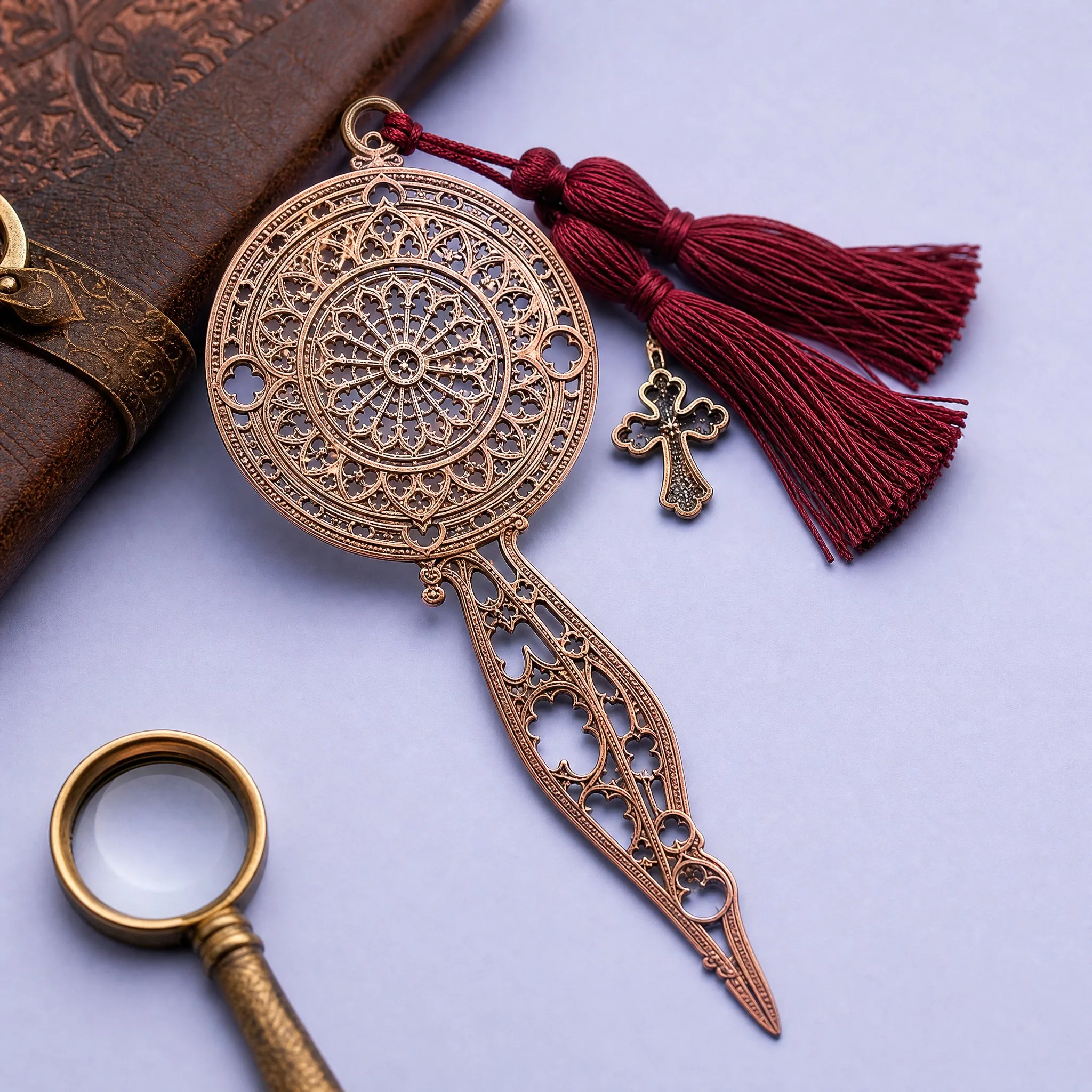 Custom Gothic Cathedral Rose Window Handheld Mirror Antique Bronze Bookmark with Burgundy Tassels and Cross