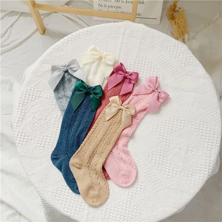 

lyc-3819 Baby Summer Clothing New Kids Toddlers Girls Big Bow Knee High Long Soft Cotton Lace Baby Socks Bowknot Cotton Socks, 6colors