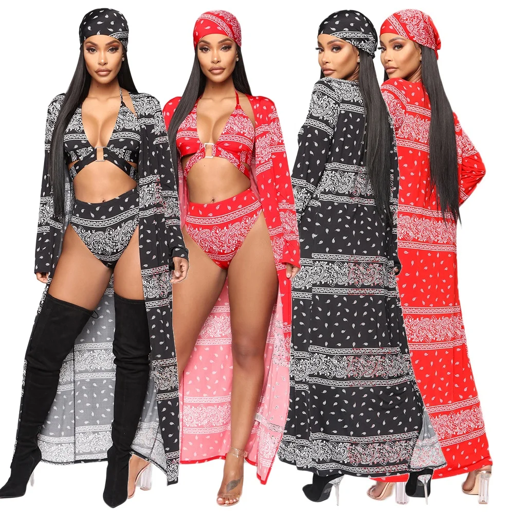 

YD 2021 Newest fashion factory beachwear cover up with bra and bandanas 4 piece bikinis set woman swimwear