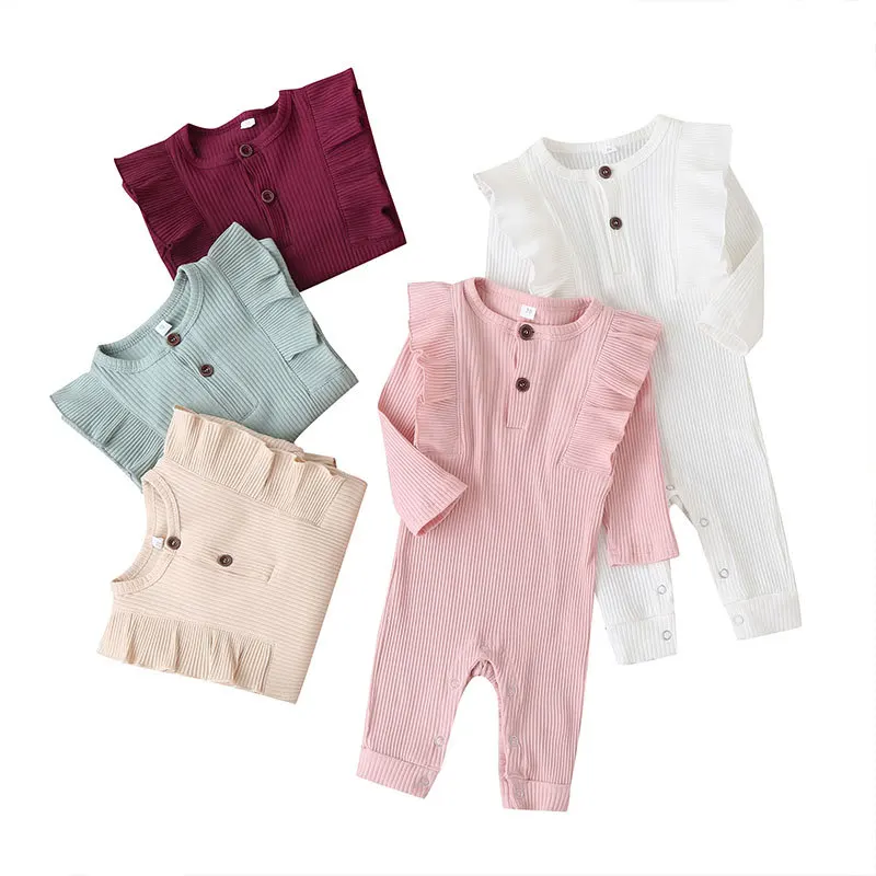 

Wholesale long sleeve flutter ruffle pit cotton winter infant jumpsuit newborn baby girls rompers, As picture show