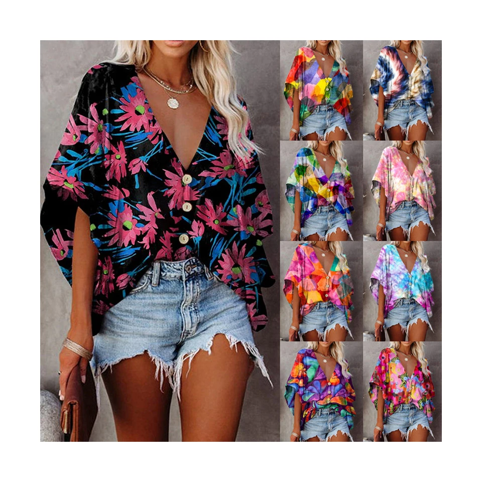 

Wholesale Europe And America Summer Women Multicolor Print Blouse Casual Batwing Sleeve V-neck Shirt, As shown
