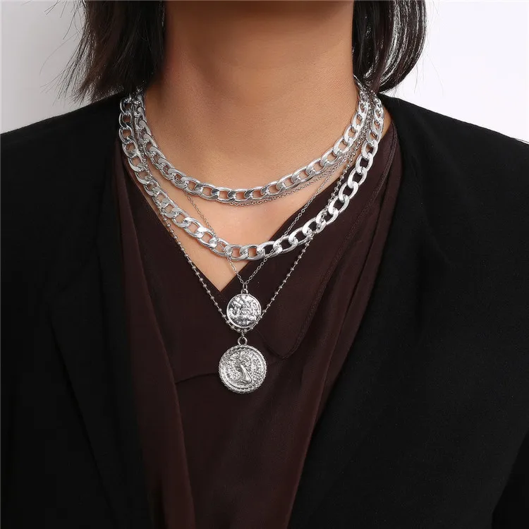

jewelry alloy multi layer round brand hip hop pendant necklace ladies fashion temperament human head clavicle chain, Picture shows