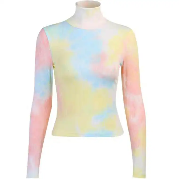 

Tie Dye Lady Long Sleeve Bodycon T-Shirt With Stand Collar, Picture color