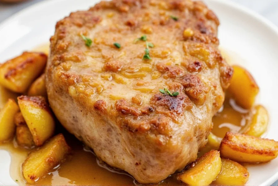 Finished apple pork chops plated with apples and onions