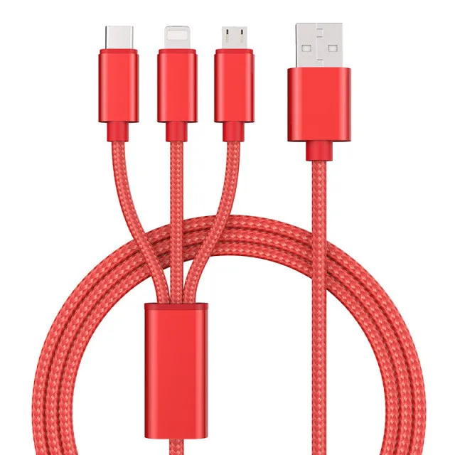 

3 in 1 Woven Mesh Charging Cable Alloy 1.2 M Micro/C-Type/IOS to USB Mobile Phone Data Cable, Red