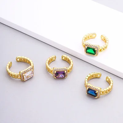 

Korean Trendy 18K Gold Plated Big Cubic Zircon Opening Ring Minimalist Design Colorful Sparkling Diamond Ring