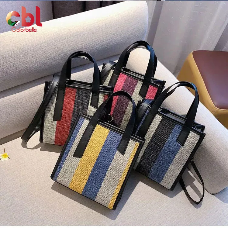 

New small striped colorful fashion eco friendly women handbag reusable jute bags canvas tote shopping bag, Red,black,yellow,blue