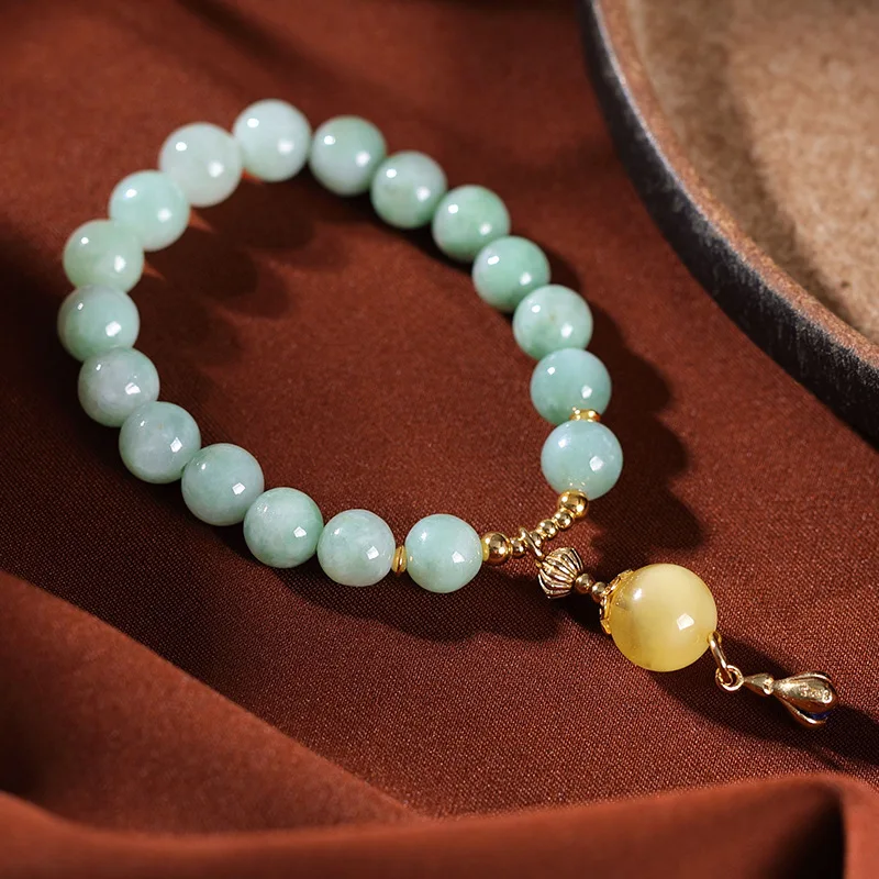 

925 Sterling Silver Gold-Plated Natural Jade Honey Vintage Temperament Ladies Jade Bead Bracelet