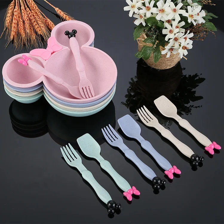 

MZL Wheat Straw Mickey Minnie Children's Bowl Cartoon Bowl Spoon Fork Three Tableware Set