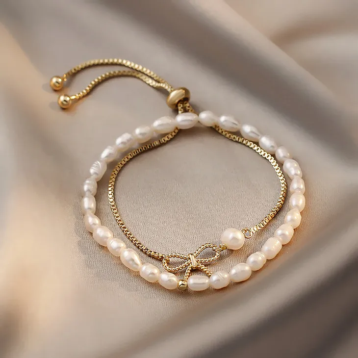

2021 Fashion Lady Girls Freshwater Pearl 2 pcs Women Fresh Water Adjustable Pearl Bracelet