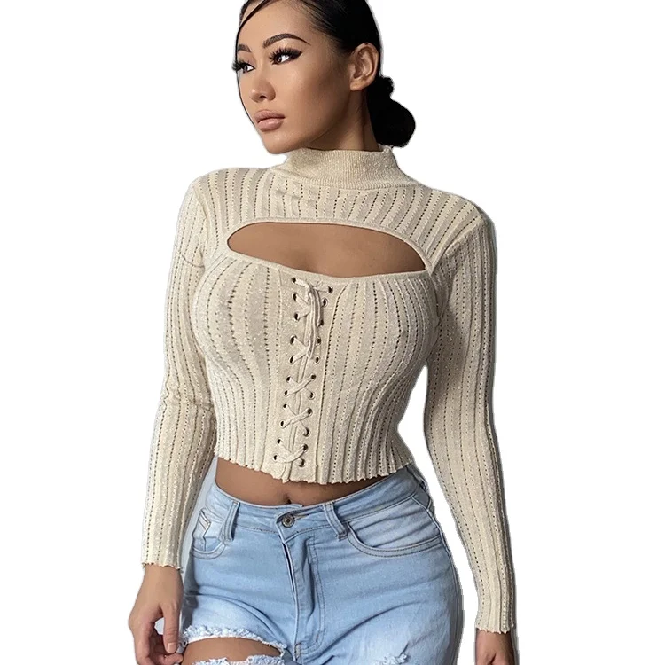 

2022 new arrivals spring collection women sexy round neck ribbed lace up long sleeve crop top