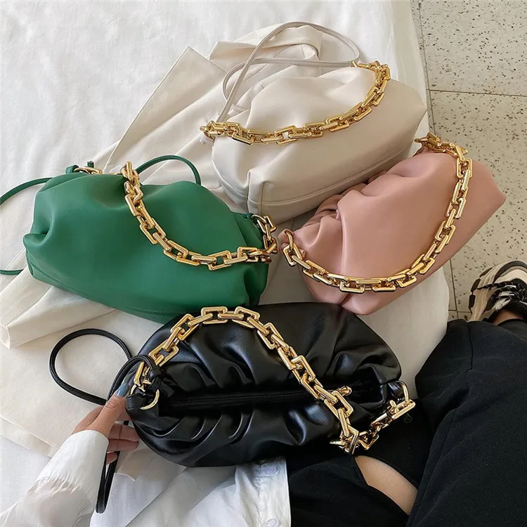 

Fashion Trend Cloud Bag Women Underarm Bag Chunk Chain Dumpling Solid Color Handbags One-Shoulder Portable Messenger Bags, White green black pink