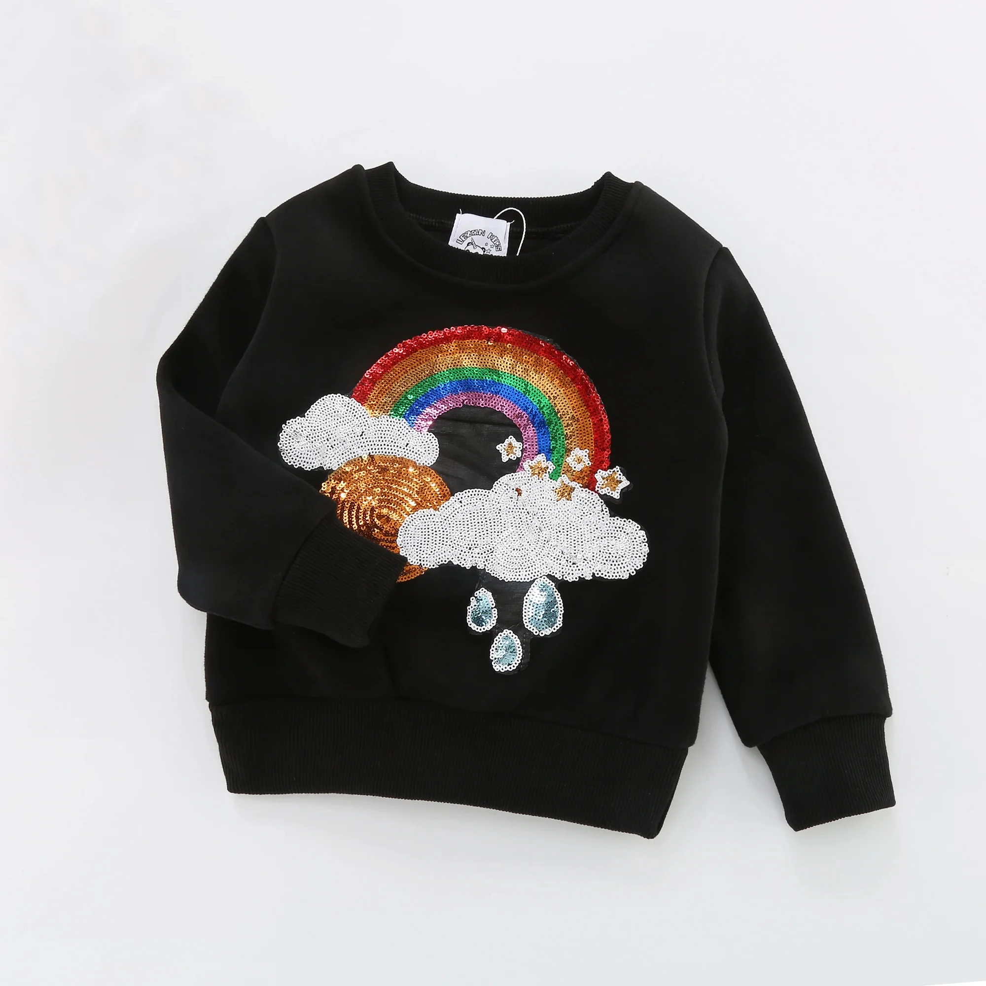 

Wholesale 100% Cotton Brushed Fleece Girs Rainbow Sequin Sweatshirt in Black