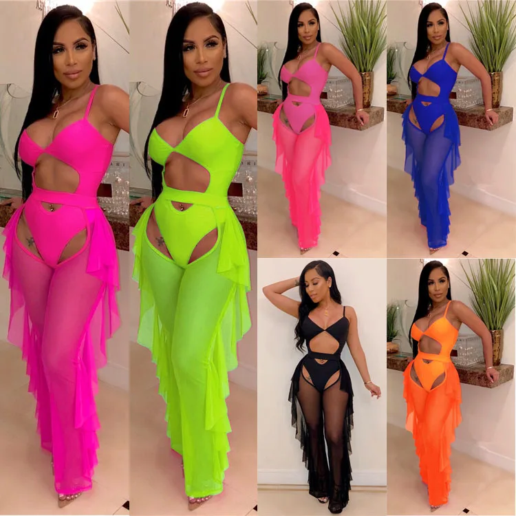 

LF-469 2021 Swimwear Sexy Bikini Summer Beachwar Mesh Hollow Bodysuits + Pants 2 Piece Swimsuits for Women, 6 colors