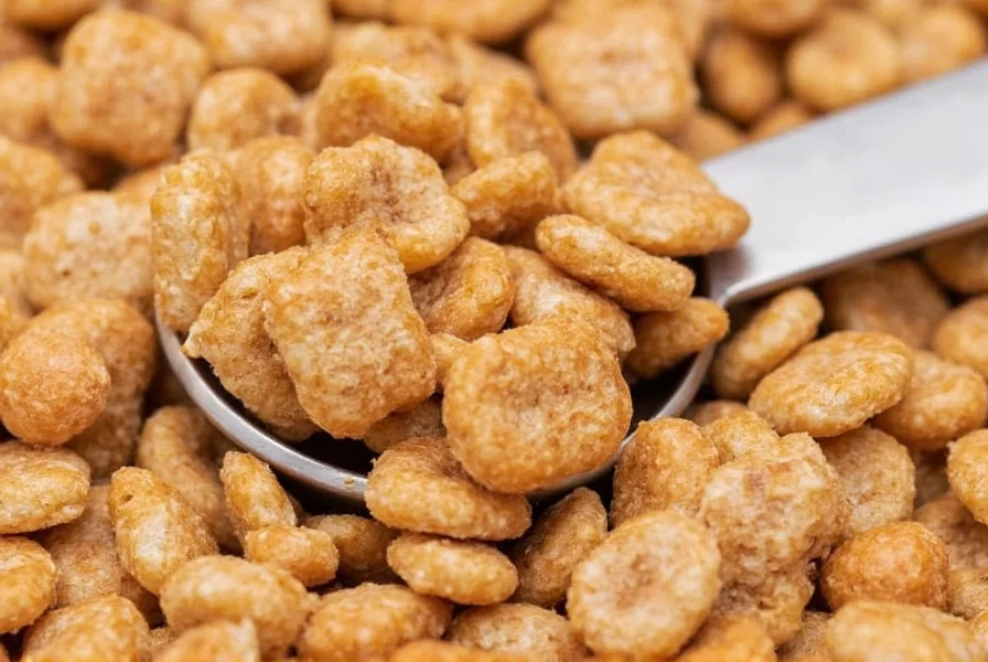 Close-up photo of Cinnamon Toast Crunch Minis cereal pieces next to a measuring spoon showing their small size