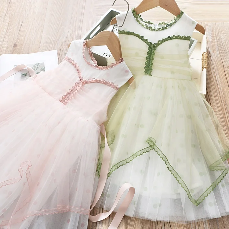 

B24616A Summer lace dress girl mesh dress children puffy dress, Blue, pink