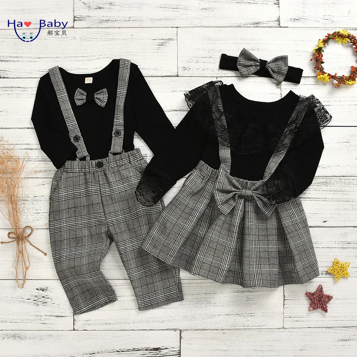 

Hao Baby Check Belt Lace Kids Skirt Pants Sets Sister Brother Style Suit Children Clothing Set