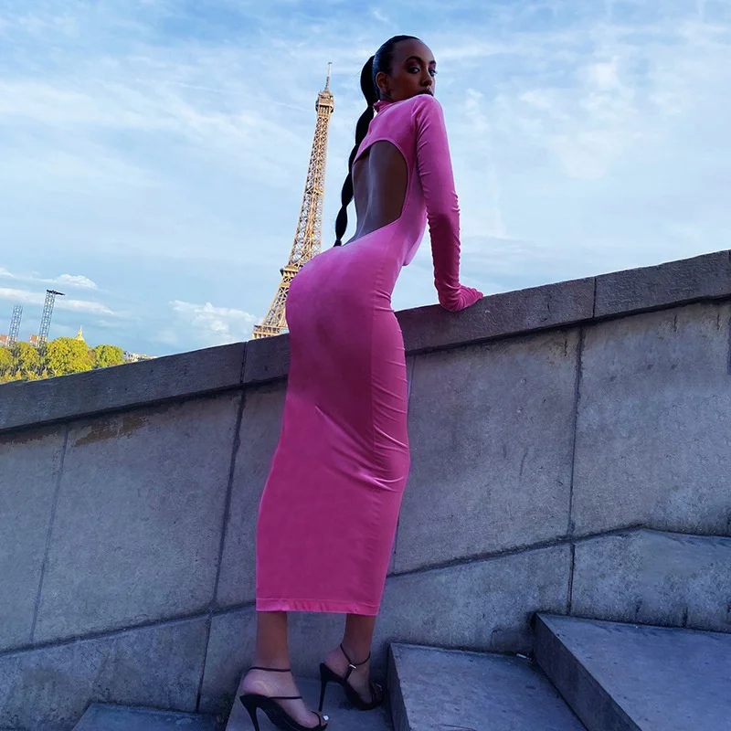 hot sale backless lady sexy maxi dress women long sleeve turtleneck bodycon dress with gloves