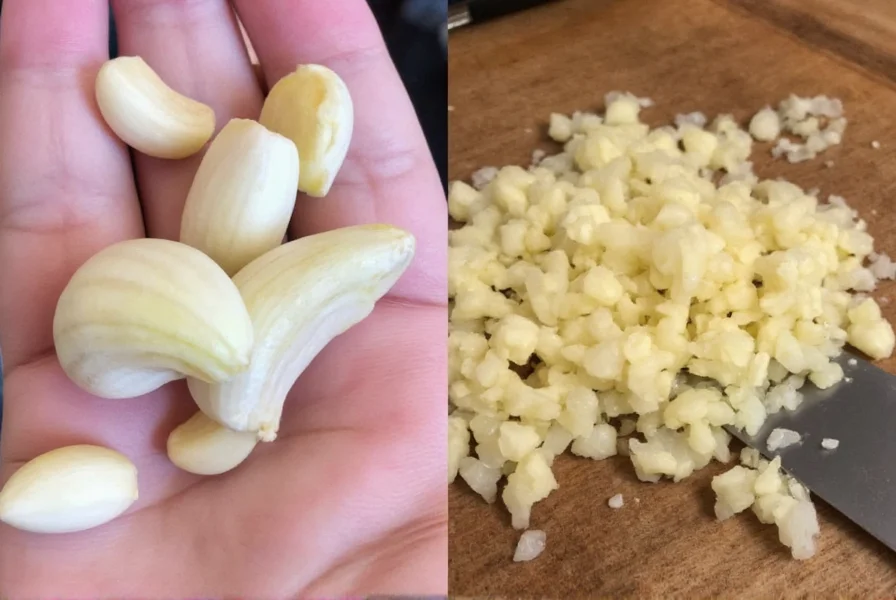 Two cloves of garlic next to a teaspoon measuring spoon showing minced garlic equivalent