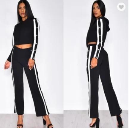 

custom snap button down two colors stripe tracksuits crop top hoodies and pant for women sportswear clothing sets, Select
