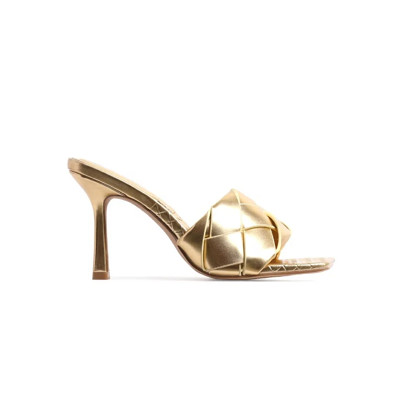 

Silver metallic leather upper woven design 2020 high heel mules shoe lady sandal