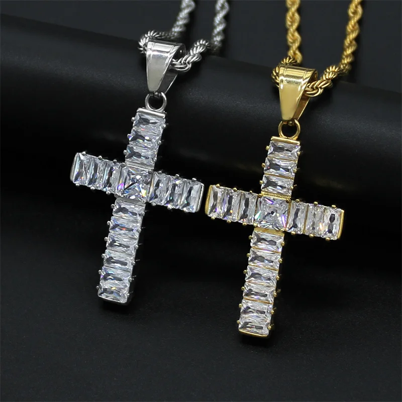 

2022 New Unisex 316L Stainless Steel Cross Twisted Rope Chain Necklace Sparkle Square Zircon CZ Ankh Cross Hip Hop Necklace