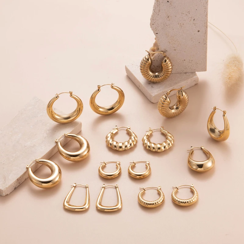 

Trendy 18K Gold Plated Silver Stainless Steel Chunky Hoop Earrings Jewelry For Women Huggie Statement Earrings
